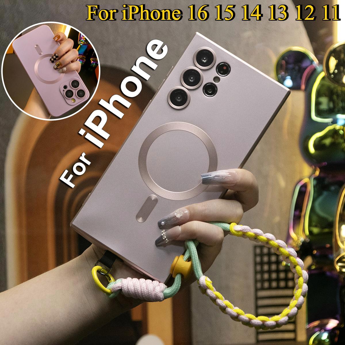For iPhone 16 15 14 13 12 11 Pro Max Phone Case, Metallic Paint Magnetic Soft Metallic Glossy Slim, Camera Protection Support Wireless Charging Full Cover With Adjustable Wristbands