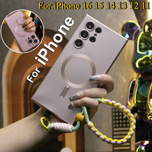 For iPhone 16 15 14 13 12 11 Pro Max Phone Case, Metallic Paint Magnetic Soft Metallic Glossy Slim, Camera Protection Support Wireless Charging Full Cover With Adjustable Wristbands