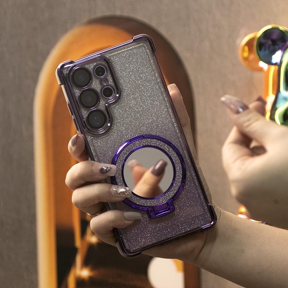 Gradient Plating Four Corners Shockproof Mirror Kickstand Case for Samsung S25Ultra S25+ S25 S24Ultra S24FE S24 S23 FE S22 Plus A53 A54 A55 Transparent Hard Acrylic Hybrid Bumper Armor Cover