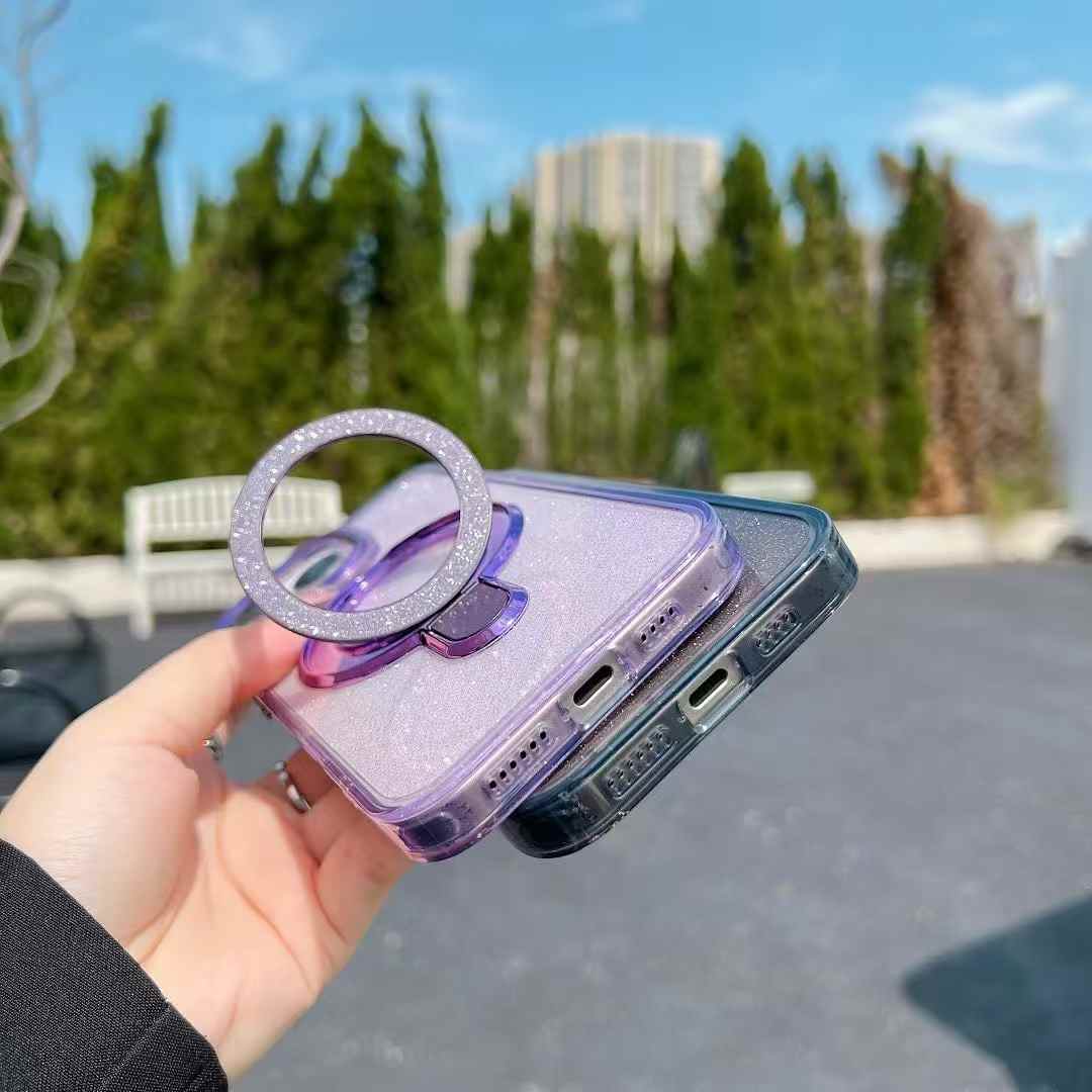 Glitter Strong Magnetic Kickstand For Magsafe Phone Case For iPhone 16 15 14 13 12 11 Pro Max Plus Metal Frame Acrylic Shockproof Hard Cover