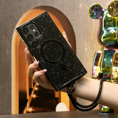 Luxury Glitter Rhinestone Plating Diamonds Magnetic Wireless Charging Phone Case With Rhinestone Wristband For iPhone 16 15 14 13 12 11 Shockproof Protection Bumper Hard Full Cover