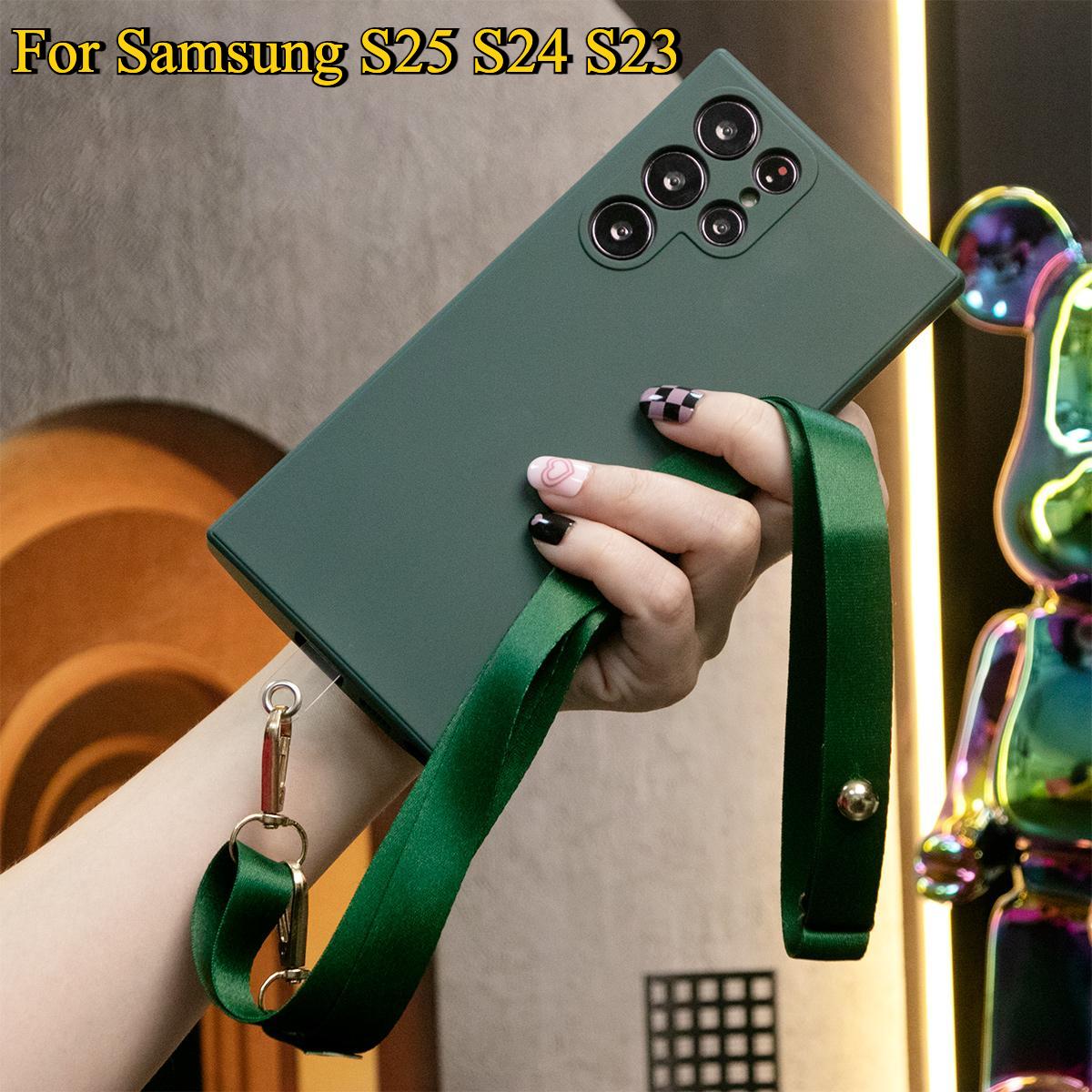 Square Liquid Silicone Matte Shockproof Crossbody Lanyard Phone Case For Samsung S25 S24 S23 Camera Protect Soft Cover