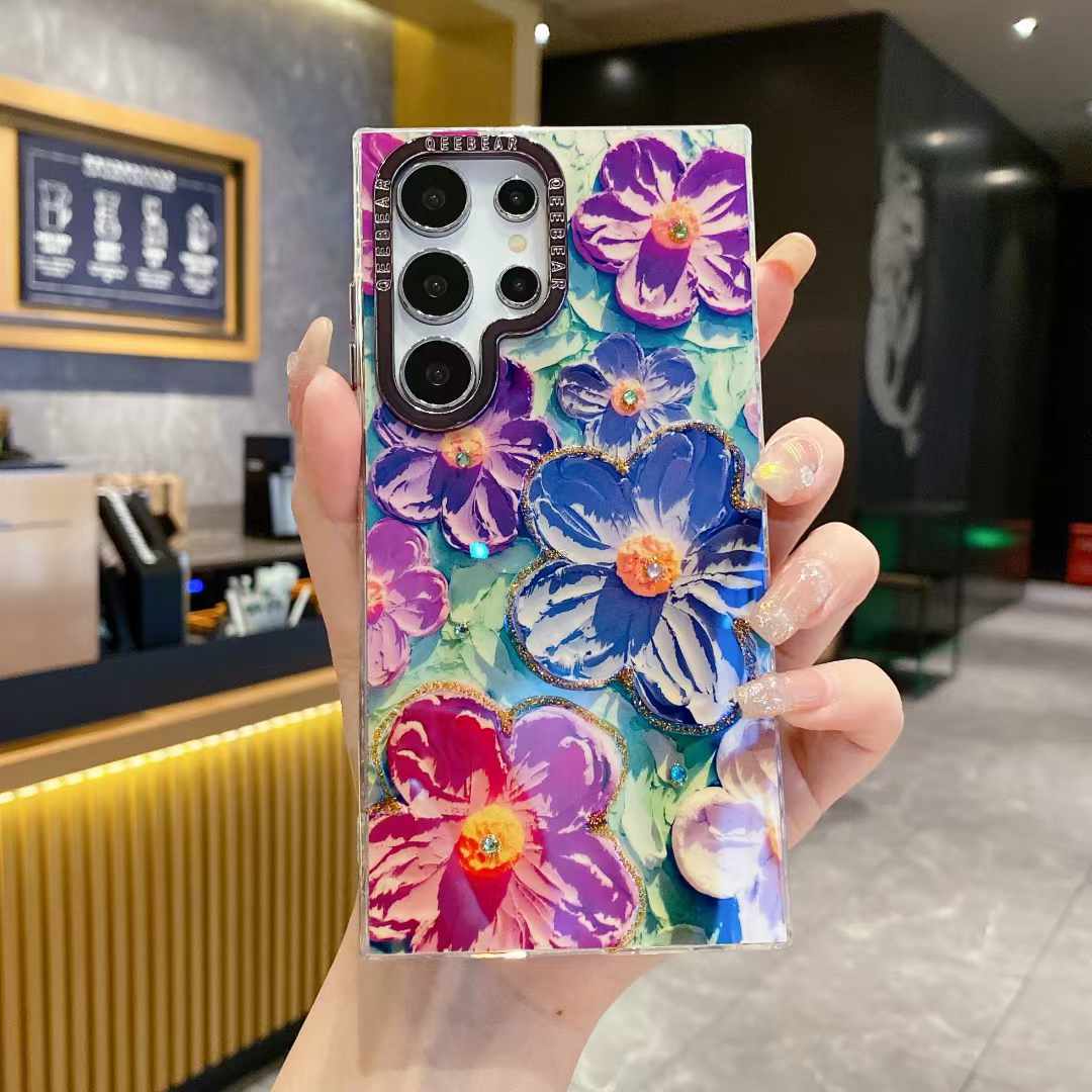 For Samsung S25 S24 S23 S22 A34 A35 A53 A54 A55 Note20Ultra Phone Case, Luxury Elegant Colorful Rainbow Butterfly Flower Oil Painting Metal Camera Frame Anti-drop Hard Shockproof Full Cover