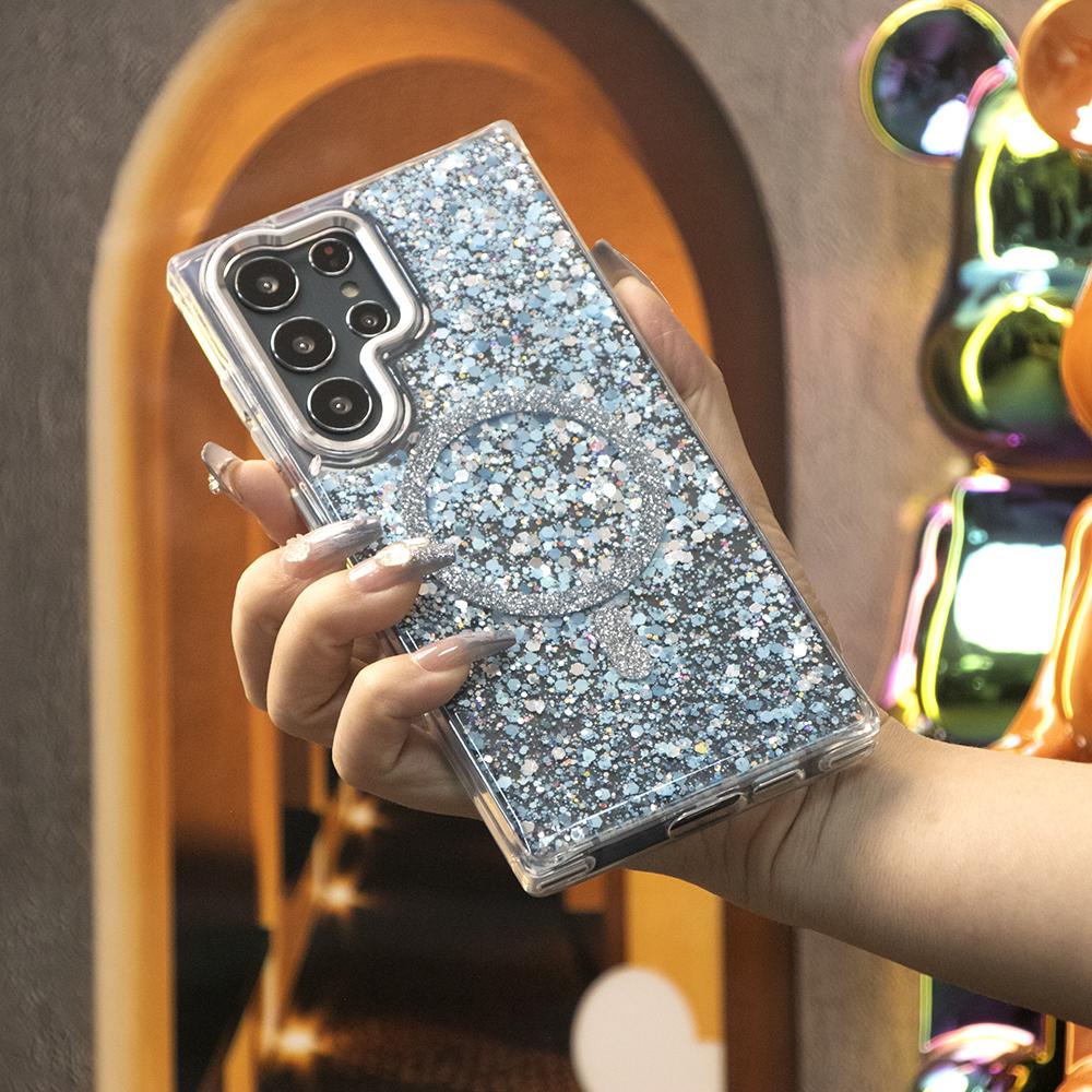 Glitter Glitter Transparent Strong Magnetic For Magsafe Phone Case For Samsung S25Ultra S25+ S25 S24 S23 A14 A15 A16 A24 A25 A34 A35 A54 A55 Metal Frame Shockproof Bumper Acrylic Hard Cover