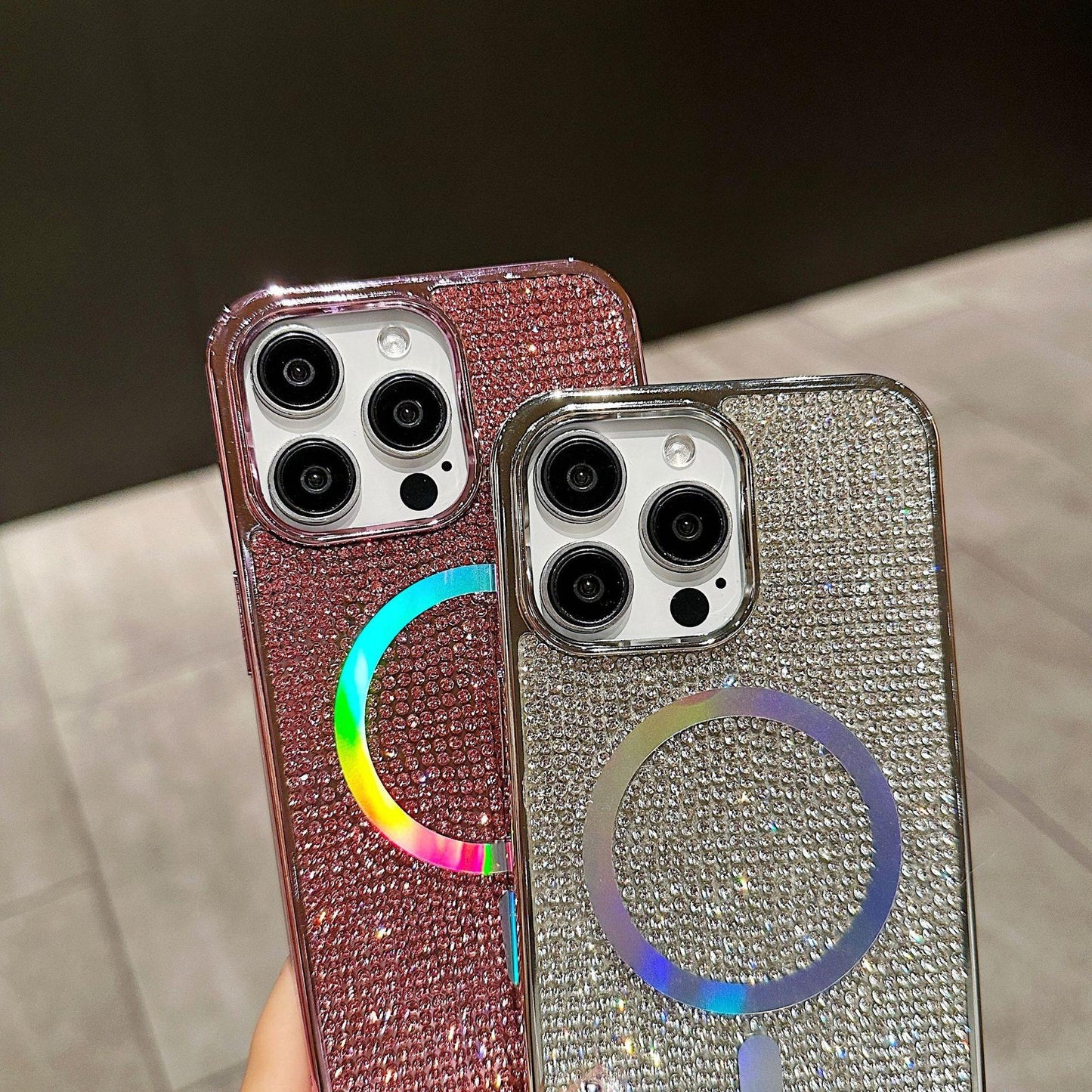 Luxury Rhinestone Glitter Plating Slim PC Strong Magnetic Phone Case For iPhone 16ProMax 15 14 13 Hard Support Wireless Charging Full Cover
