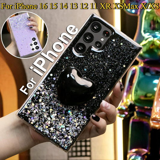 Glitter Star Sequin Crystal Love Heart Acrylic Pop Stand Phone Case For iPhone 16 15 14 13 12 11 XR XSMax X/XS Clear Soft TPU Back Cover