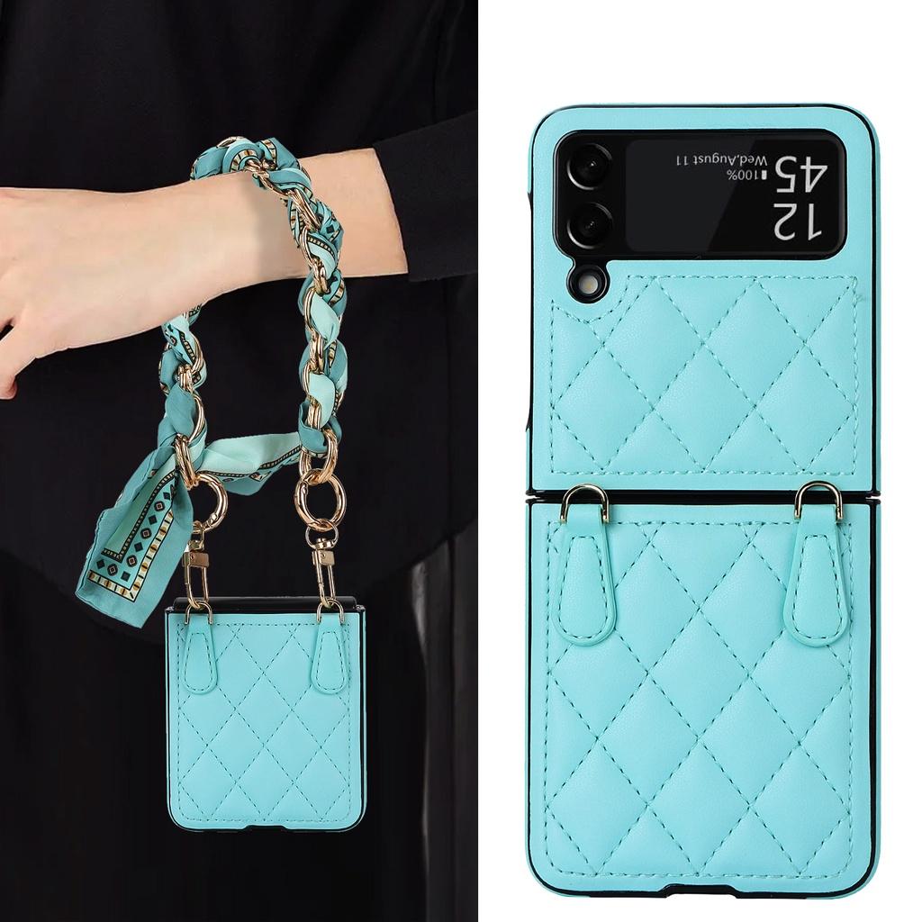 Luxury Silk Scarf Chian Leather Case For Samsung Galaxy Z Flip 6 Flip 5 Flip 4 Flip3 5G Luxury Crossbody Strap Smart Phone Cover