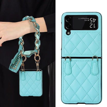 Luxury Silk Scarf Chian Leather Case For Samsung Galaxy Z Flip 6 Flip 5 Flip 4 Flip3 5G Luxury Crossbody Strap Smart Phone Cover