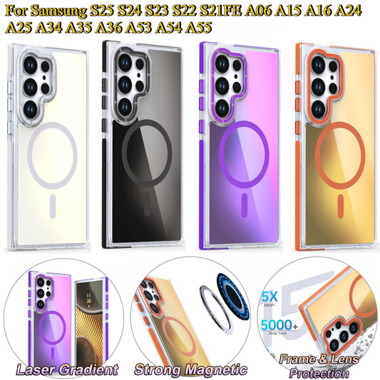 Laser Gradient Chameleon Strong Magnetic Wireless Charging Phone Case For Samsung S25Ultra S25 S24 S23 S22 S21FE A06 A15 A16 A25 A35 A36 A53 A54 A55 Metal Frame Acrylic Shockproof Hard Cover
