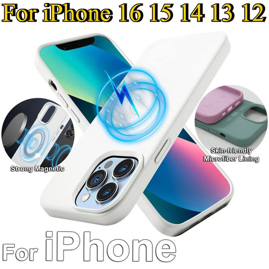 Strong Magnetic Liquid Silicone Antislip Phone Case for iPhone 16 15 14 13 12 Pro Max for MagSafe, Skin-friendly Shockproof Full Cover with Microfiber Lining