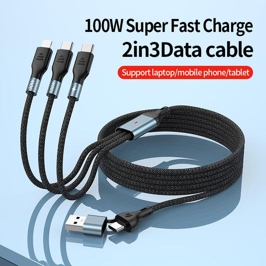 1.2m/2m 100W Super Fast Charge 2in3 Data Cable Support Laptop/Mobile Phone/Tablet USB+Type-c to C+L+C Multi-port Fast Charging Metal Head Nylon Braided Wire