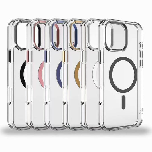 Crystal HD Transparent Strong Magnetic Camera Hardware Shockproof Phone Case For iPhone 16ProMax 15 14 13 Not Yellowing Clear Hard Full Cover