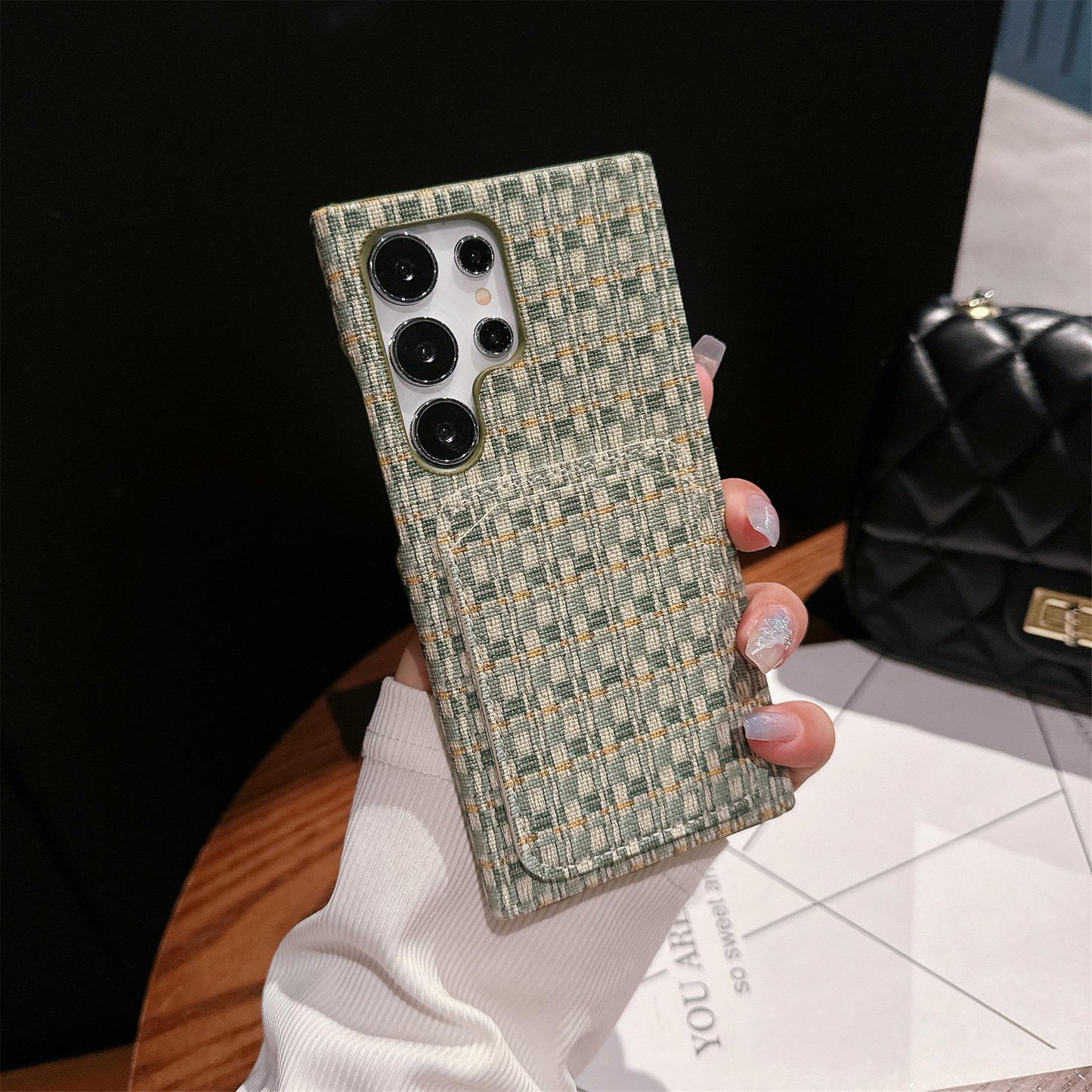 For Samsung S25Ultra S24 S23 S22 Phone Case, Gradient Grid Mosaic Wallet Woven Pattern Fabrics Card Slot Shockproof Hard Full Cover
