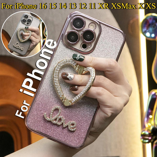 Glitter Transparent Gradient Rhinestone Love Heart Kickstand Plating Phone Case For iPhone 16 15 14 13 12 11 XR XSMax X/XS Max Clear Soft TPU Back Cover