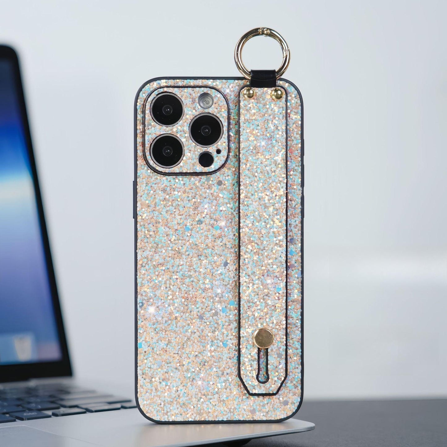 For iPhone 16ProMax 16 15 14 13 12 11 Case With Wristband, Luxury Glitter Durable Faux Leather Kickstand Shockproof Phone Case