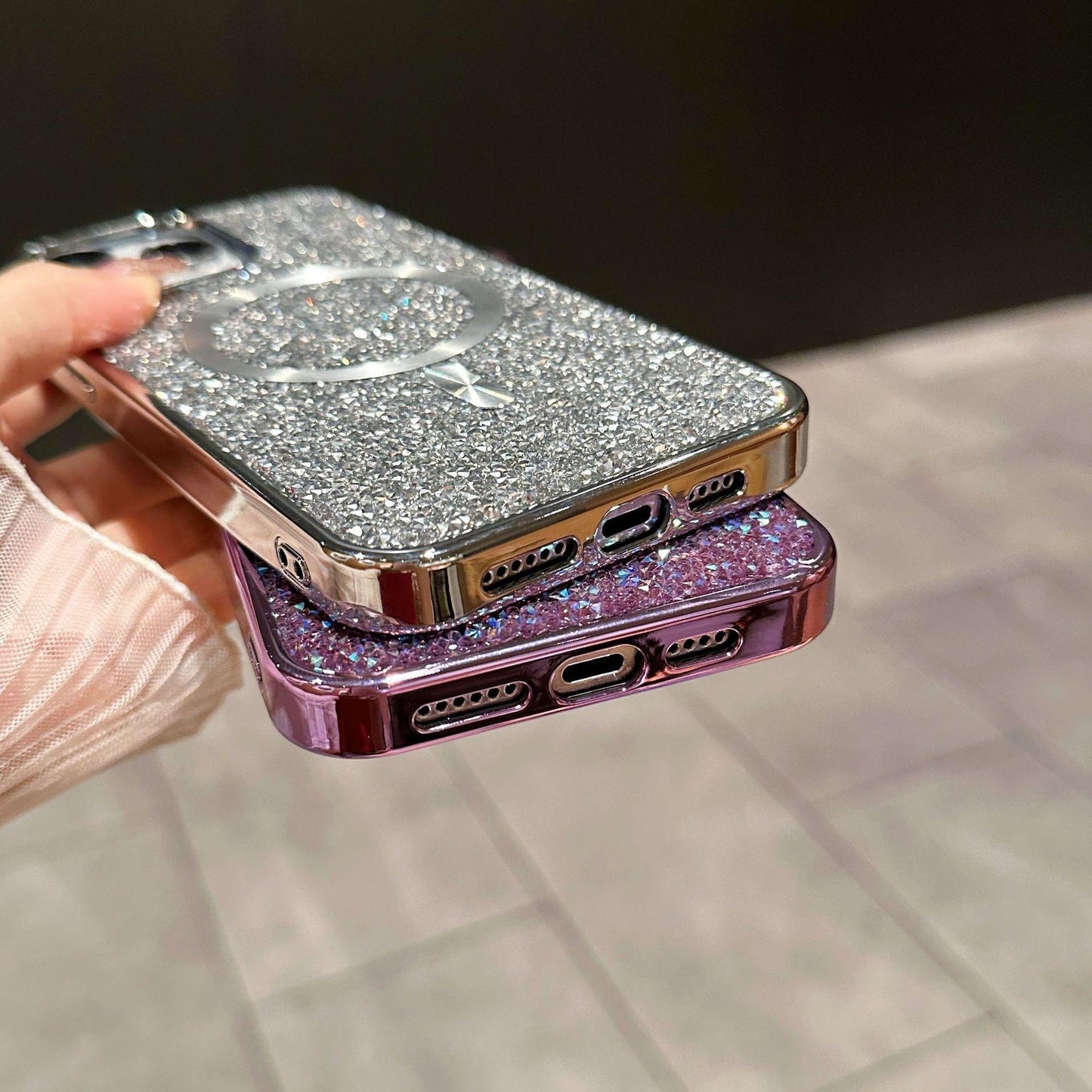 Luxury Rhinestone Glitter Plating Slim PC Strong Magnetic Phone Case For iPhone 16ProMax 15 14 13 Hard Support Wireless Charging Full Cover