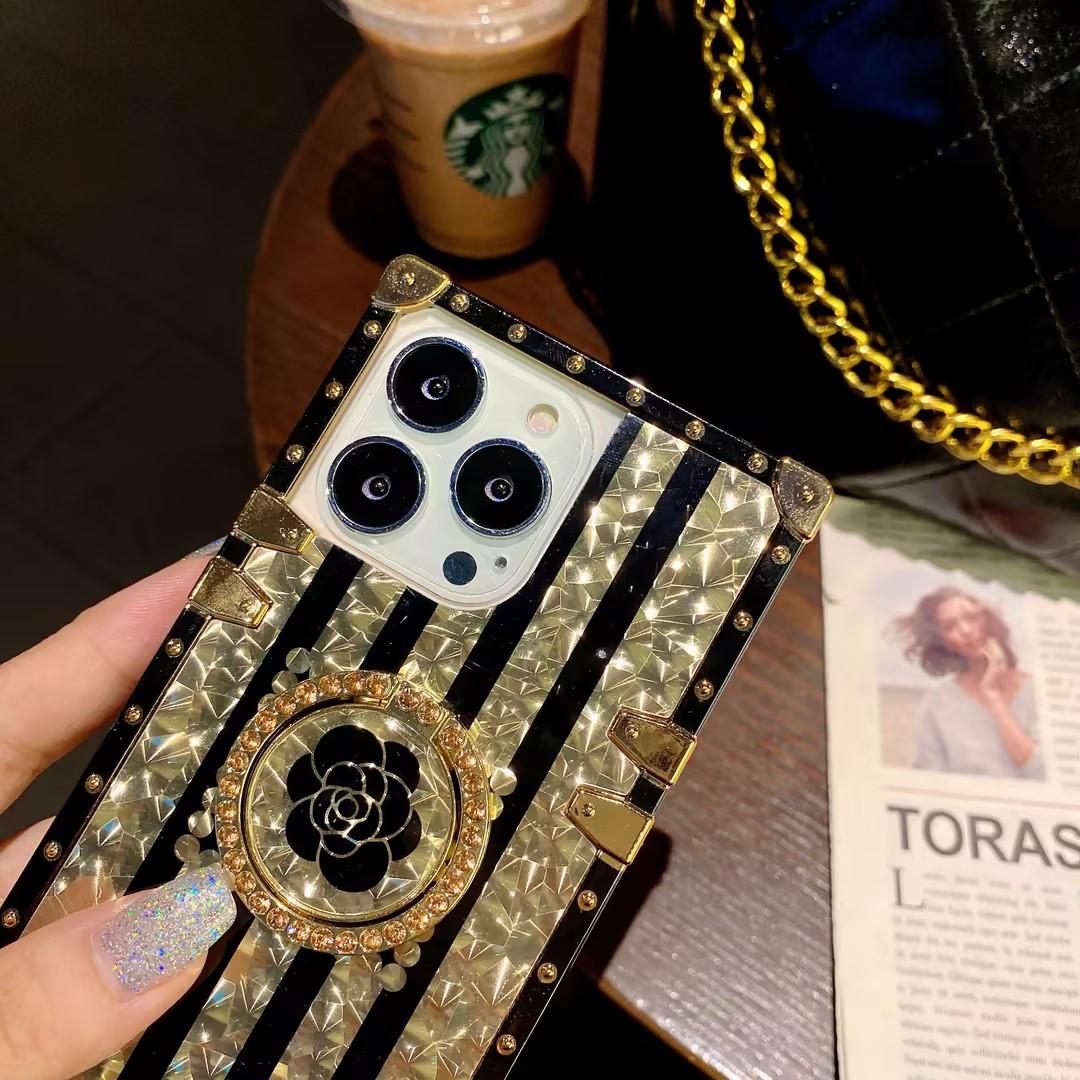 Luxury Glitter Dazzling Phantom Flower Case For iPhone 16 15 14 13 12 11 Plus Pro Max Fashion Bracket Lanyard Square Case Back Cover