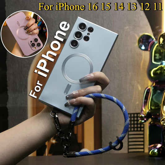 For iPhone 16 15 14 13 12 11 Pro Max Phone Case, Metallic Paint Magnetic Soft Glossy Slim, Full Camera Cover Phone Case With Multifunctional Climbing Rope