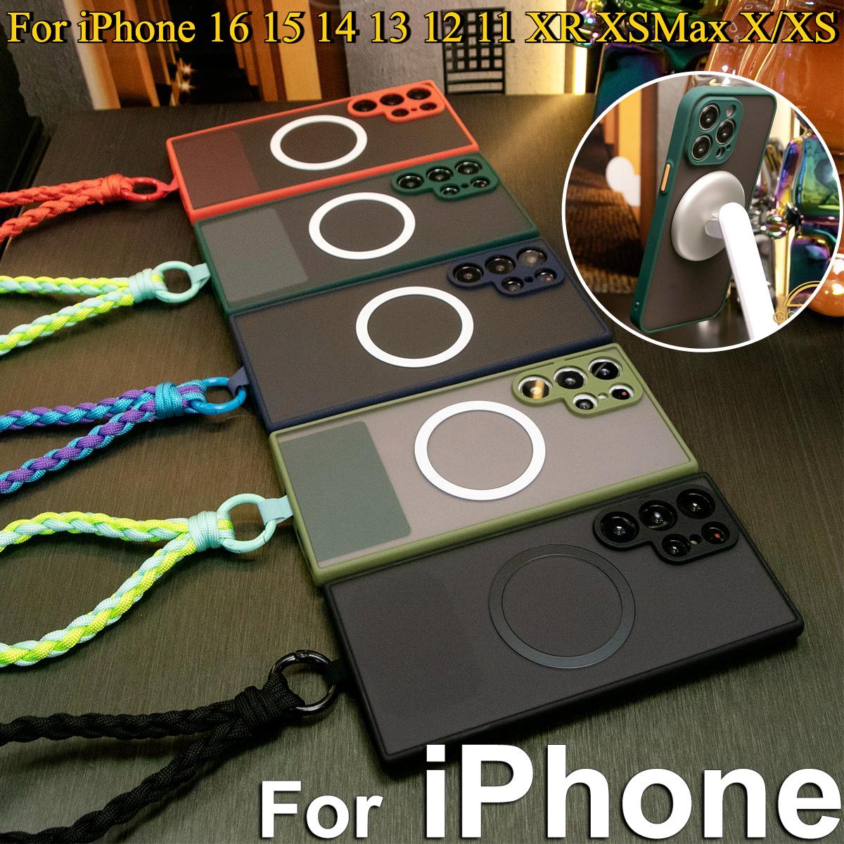 Luxury Matte Clear Support Magnetic Hard Phone Case For Magsafe With Woven Wristband For iPhone 16 15 14 13 12 11 XR XSMax X/XS