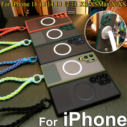 Luxury Matte Clear Support Magnetic Hard Phone Case For Magsafe With Woven Wristband For iPhone 16 15 14 13 12 11 XR XSMax X/XS