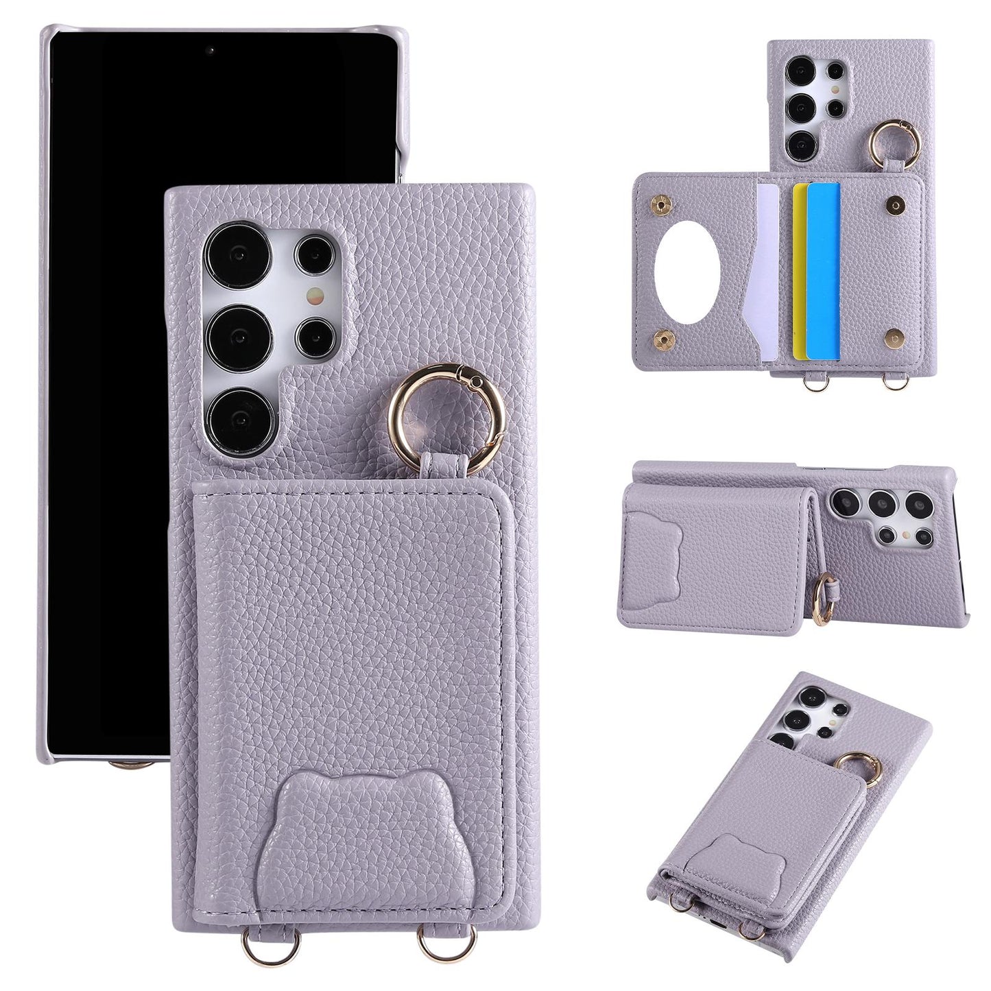 Bear Crossbody Mirror Wallet with Card Holder Phone Case for Samsung Galaxy S25 S24 S23 S22 Ultra Plus S24 FE Back Cover
