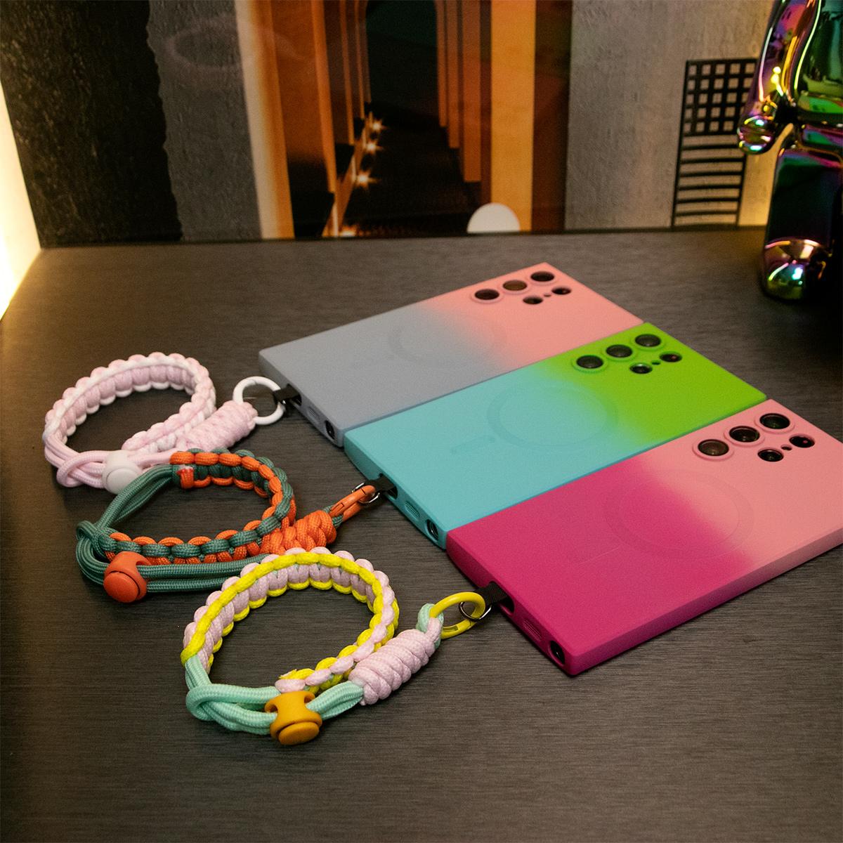 Gradient Color Magnetic Wireless Charge Matte Case With Adjustable Woven Strap For Samsung Galaxy S24FE S24Ultra S24 S23 S22 S21 Plus Ultra Note 20 Ultra Wireless Charging Soft Bumper Cover