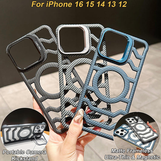 For iPhone 16ProMax 16 15 14 13 12 Plus Pro Max Phone Case with Metal Camera Kickstand, Hollow Out Carbon Fiber Matte Cooling Magnetic PC Frameless Ultra Slim, Protection Soft Cover