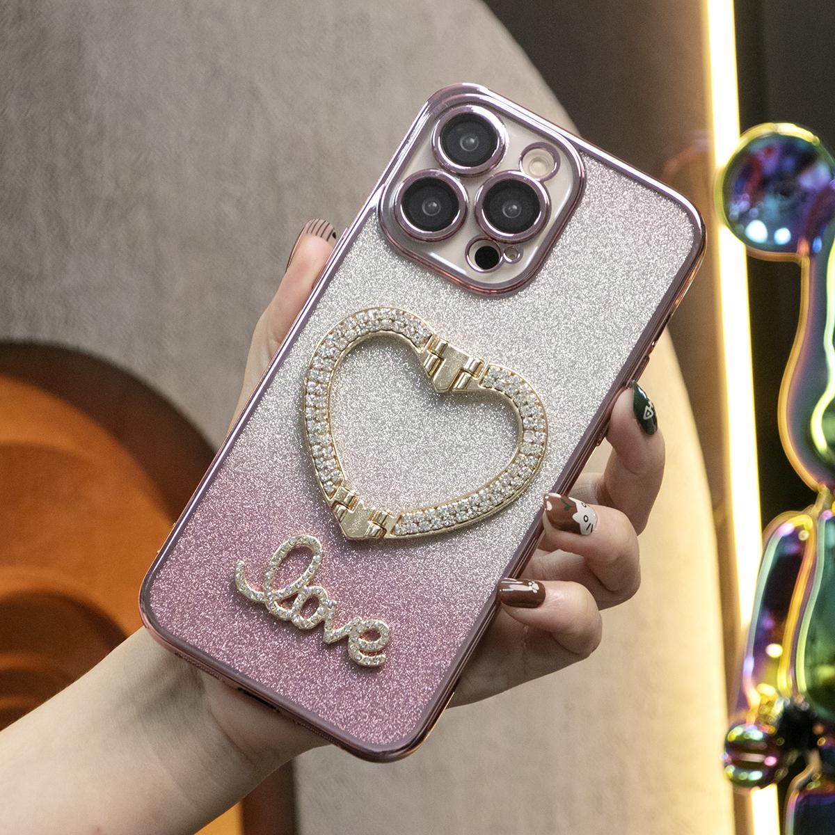 Glitter Transparent Gradient Diamond Love Heart Holder Plating Phone Case For iPhone 16 15 14 13 12 Pro Max Clear Soft TPU Back Cover