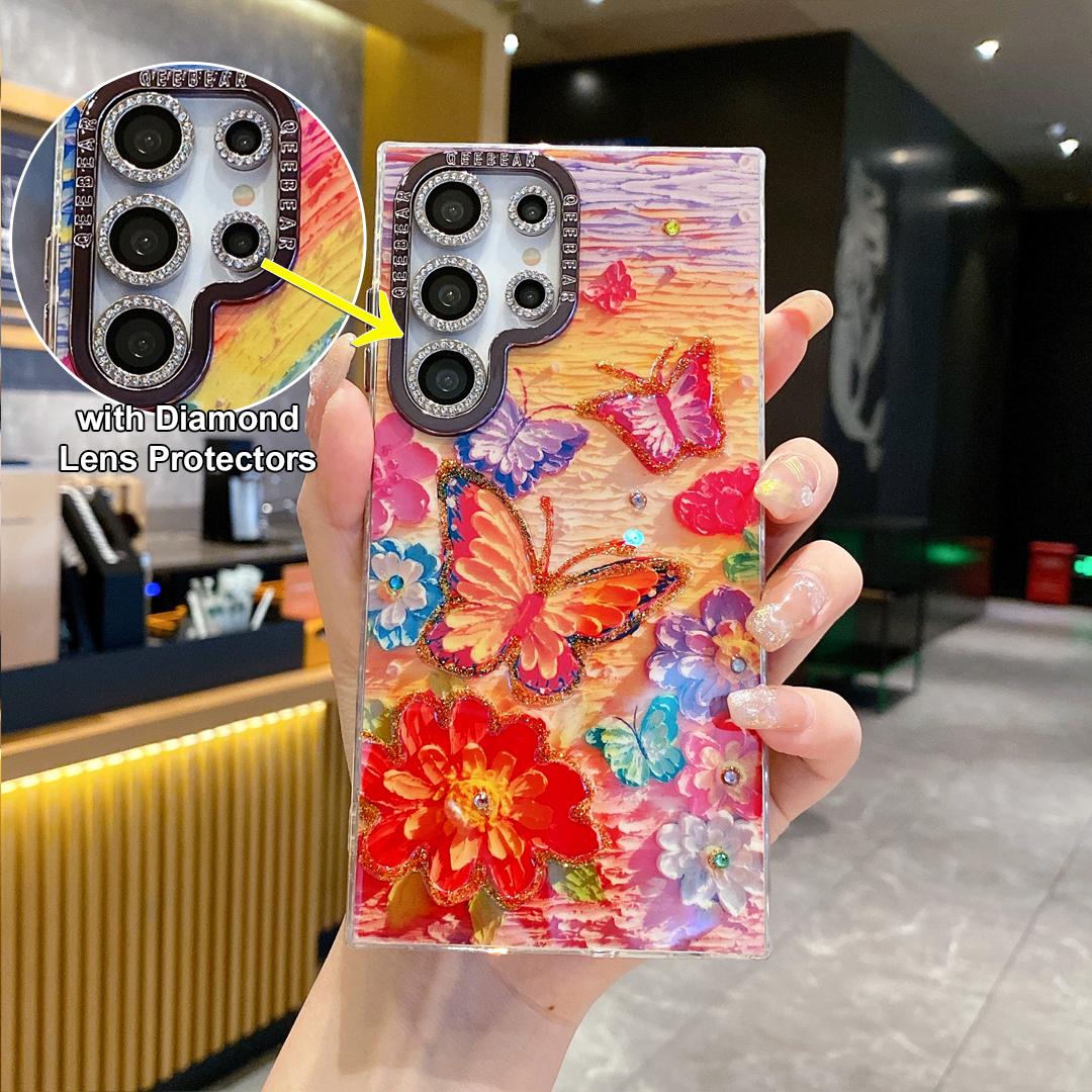 For Samsung S25 S24 S23 S22 Phone Case with Diamond Lens Protectors, Luxury Castle Panda Leopard Rainbow Butterfly Elephant Girl Oil Painting Metal Camera Frame Anti-drop Hard Shockproof Full Cover