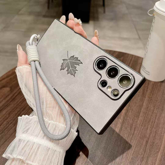 For Samsung S25Ultra S25Edge S24 S23 S22 S21 Note20 A16 A26 A36 A55 A56 Case With Weave Wristband, Maple Leaf Pattern Matte Suede Leather Shockproof Hard Phone Case
