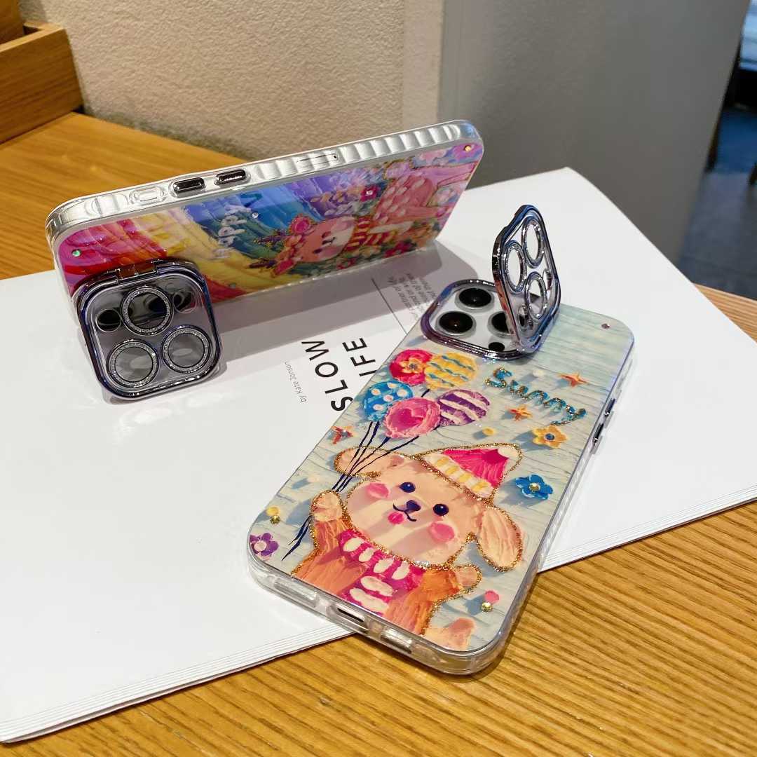 For iPhone 16ProMax 16 15 14 13 12 11 Phone Case with Diamond Camera Kickstand, Smiling Face Rainbow Rabbit Deer, Luxury Oil Painting Camera Frame Anti-drop Hard Shockproof Full Cover