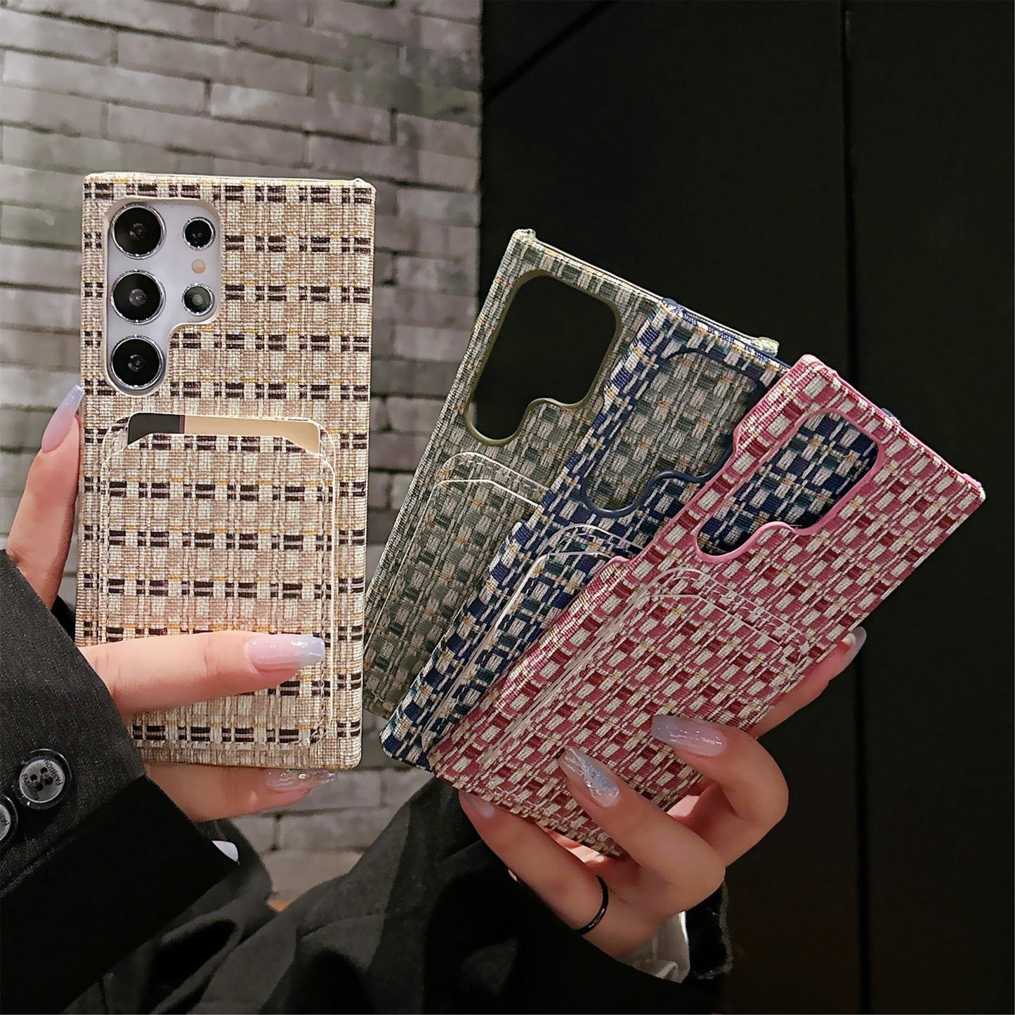 For Samsung S25Ultra S24 S23 S22 Phone Case, Gradient Grid Mosaic Wallet Woven Pattern Fabrics Card Slot Shockproof Hard Full Cover