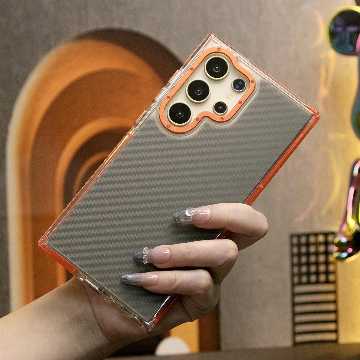 Carbon Fiber Pattern Phone Case, Metal Hardware Camera Protective Acrylic Cover, Clear No Yellow, With Shockproof  Anti-Fall Bumper For Samsung S25Ultra S24 S23 S21FE A14 A15 A24 A25 A35 A54 A55 A05