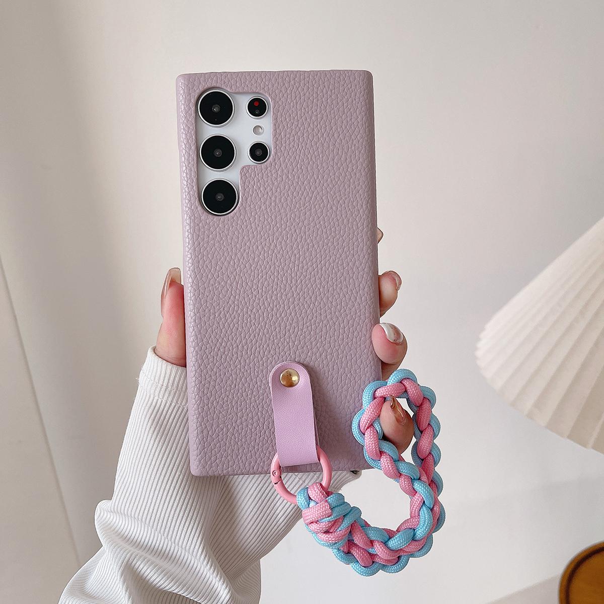 Luxury Wrist Strap Soft Leather Phone Case For Samsung S25 S24 S23 S22 S21 A15 A25 A35 A55 Solid Color Cover