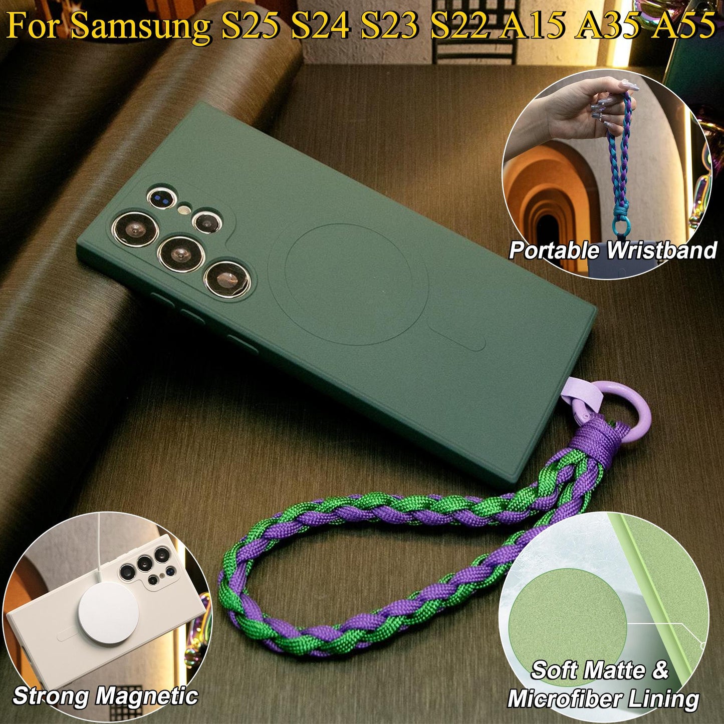 Strong Magnetic Phone Case With Woven Wristband For Samsung S25Ultra S25 S24 S22 S23 S24FE A15 A35 A55, Soft Liquid Silicone Shockproof Phone Case With Microfiber Lining
