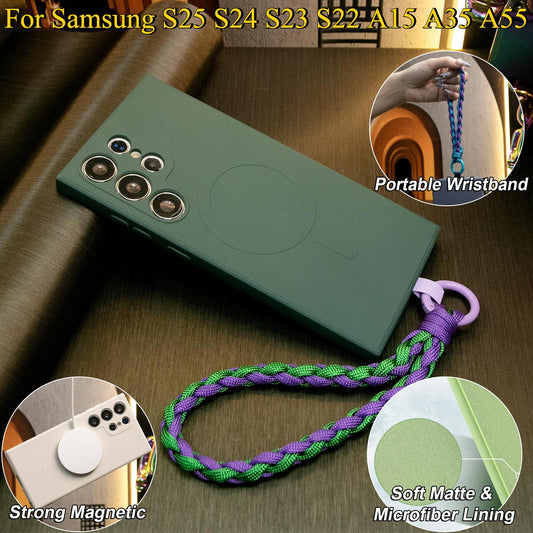 Strong Magnetic Phone Case With Woven Wristband For Samsung S25Ultra S25 S24 S22 S23 S24FE A15 A35 A55, Soft Liquid Silicone Shockproof Phone Case With Microfiber Lining
