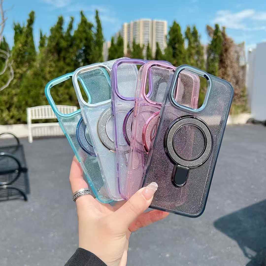 Glitter Strong Magnetic Kickstand For Magsafe Phone Case For iPhone 16 15 14 13 12 11 Pro Max Plus Metal Frame Acrylic Shockproof Hard Cover