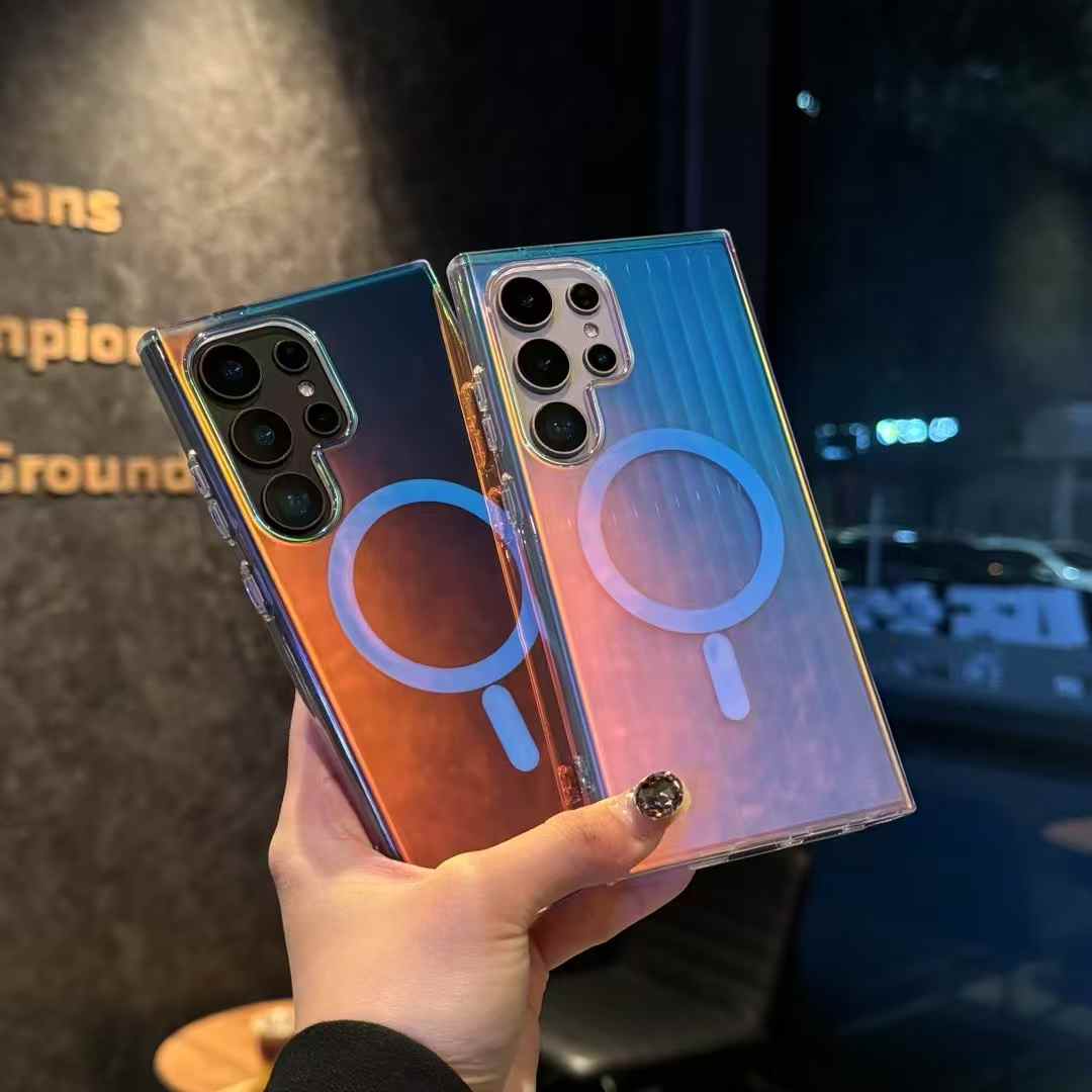 Gradient Laser Glitter Strong Magnetic HD Transparent PC Slim Phone Case For Samsung S25Ultra S25 S24 S23 Shockproof Hard Full Cover