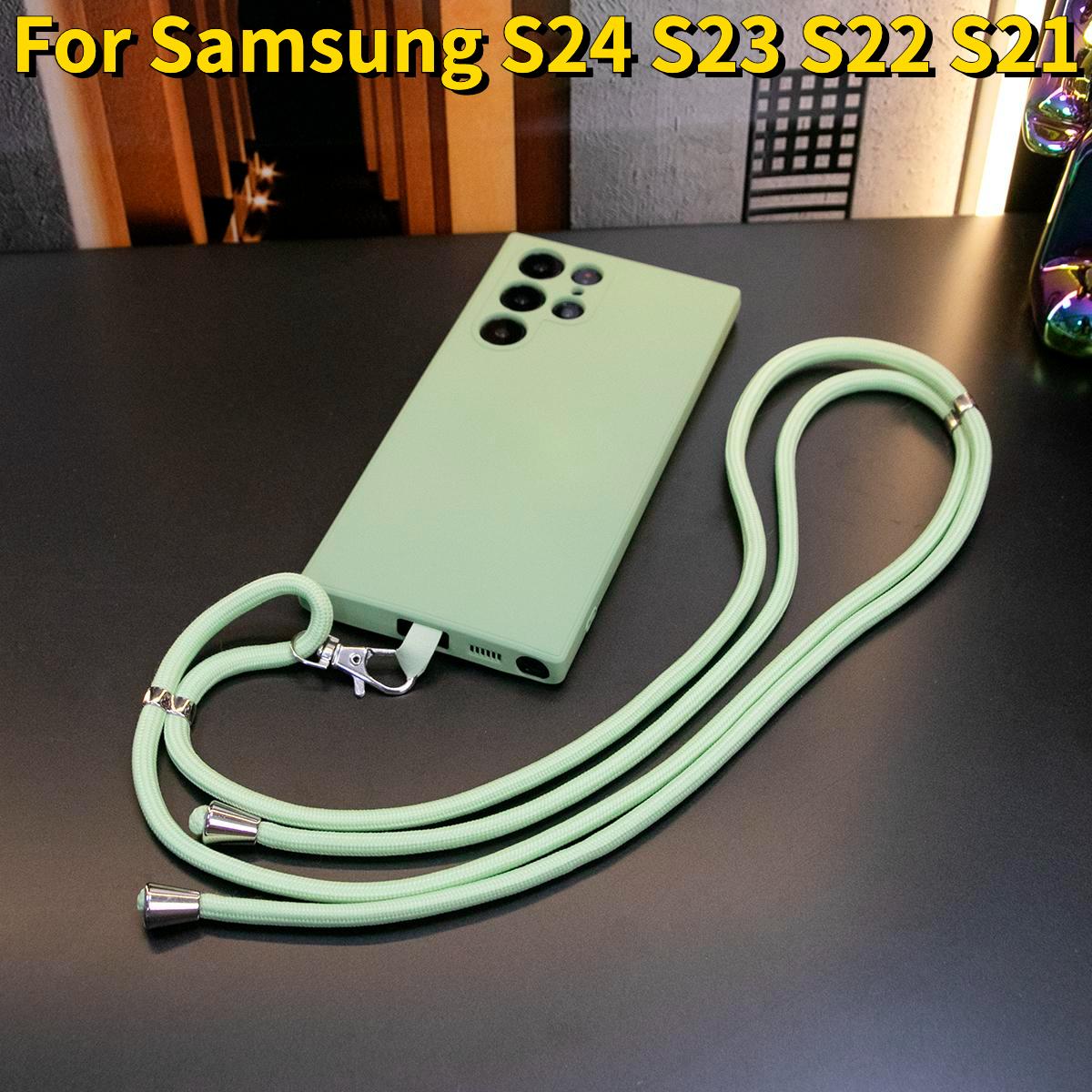 Silicone Matte Phone Case With Woven Lanyard For Samsung S25 S24 S23 S22 Camera Protect Soft Cover