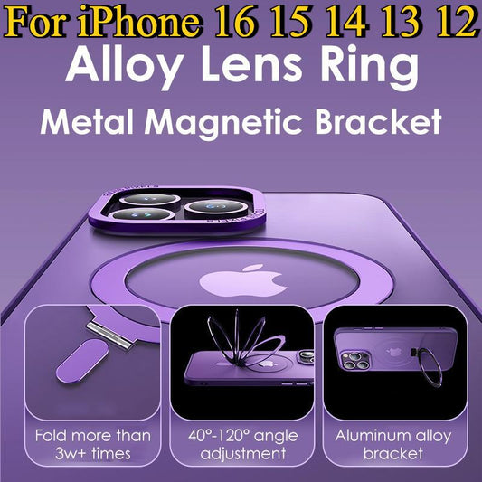 Aluminum Magnetic Stand Phone Case For iPhone 16 15 14 13 12 Pro Max Metal Lens With Bracket Cover For Magsafe Wireless Charger