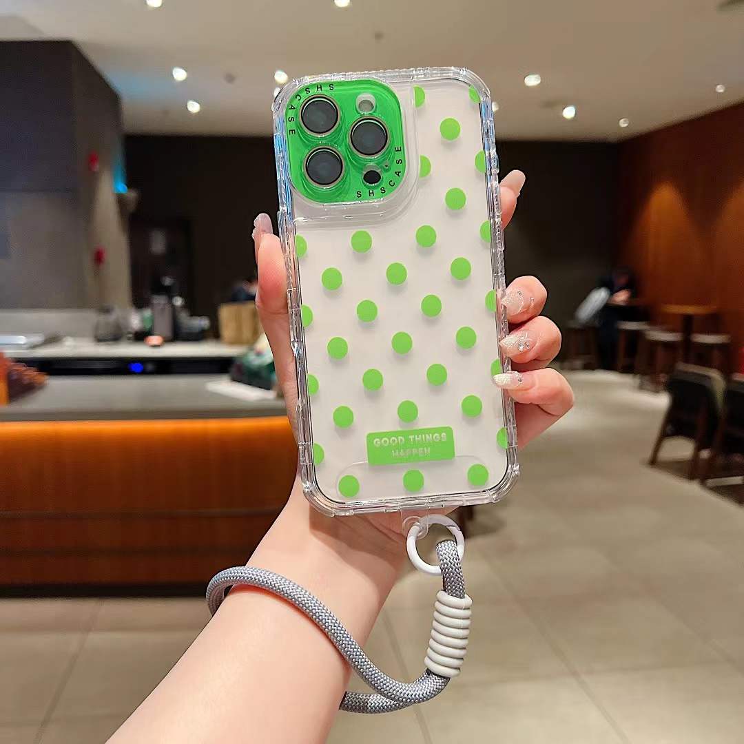For iPhone 16ProMax 16 15 14 13 Phone Case With Short Wristband, Colorful 3 in 1 Transparent Luxury Wave Point Acrylic Anti Fall, With Camera Protector Shockproof Clear Hard Full Cover
