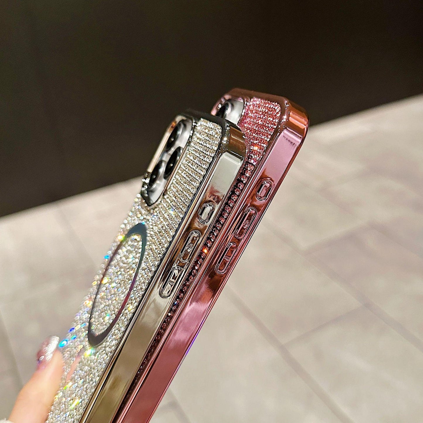 Luxury Rhinestone Glitter Plating Slim PC Strong Magnetic Phone Case For iPhone 16ProMax 15 14 13 Hard Support Wireless Charging Full Cover
