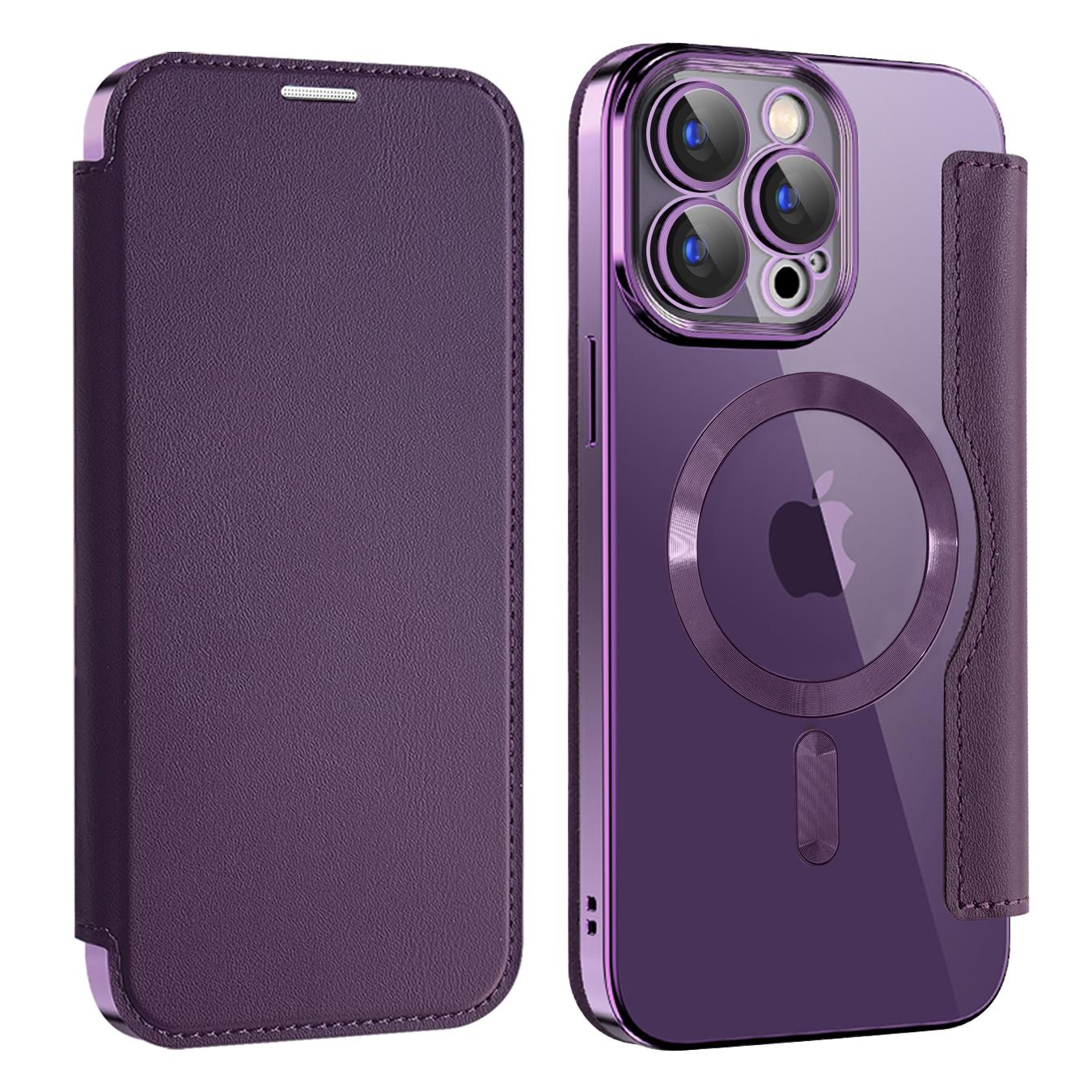 Wireless Charge Case for iPhone 16 15 14 13 Pro Max Magnetic Shockproof Flip Leather Shell Card Slot Hard PC Back Cover