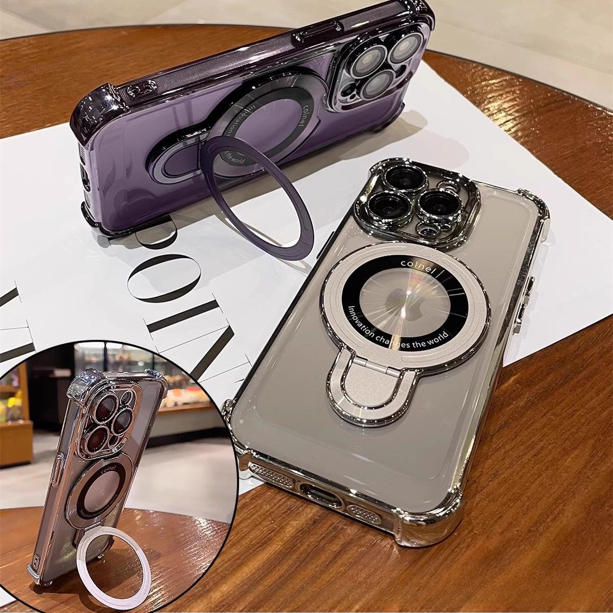 Glitter Plating Acrylic with Len Protector Phone Case with Magnetic Kickstand For iPhone 16ProMax 15 14 13 12 Four Corner Shockproof Hard Full Cover