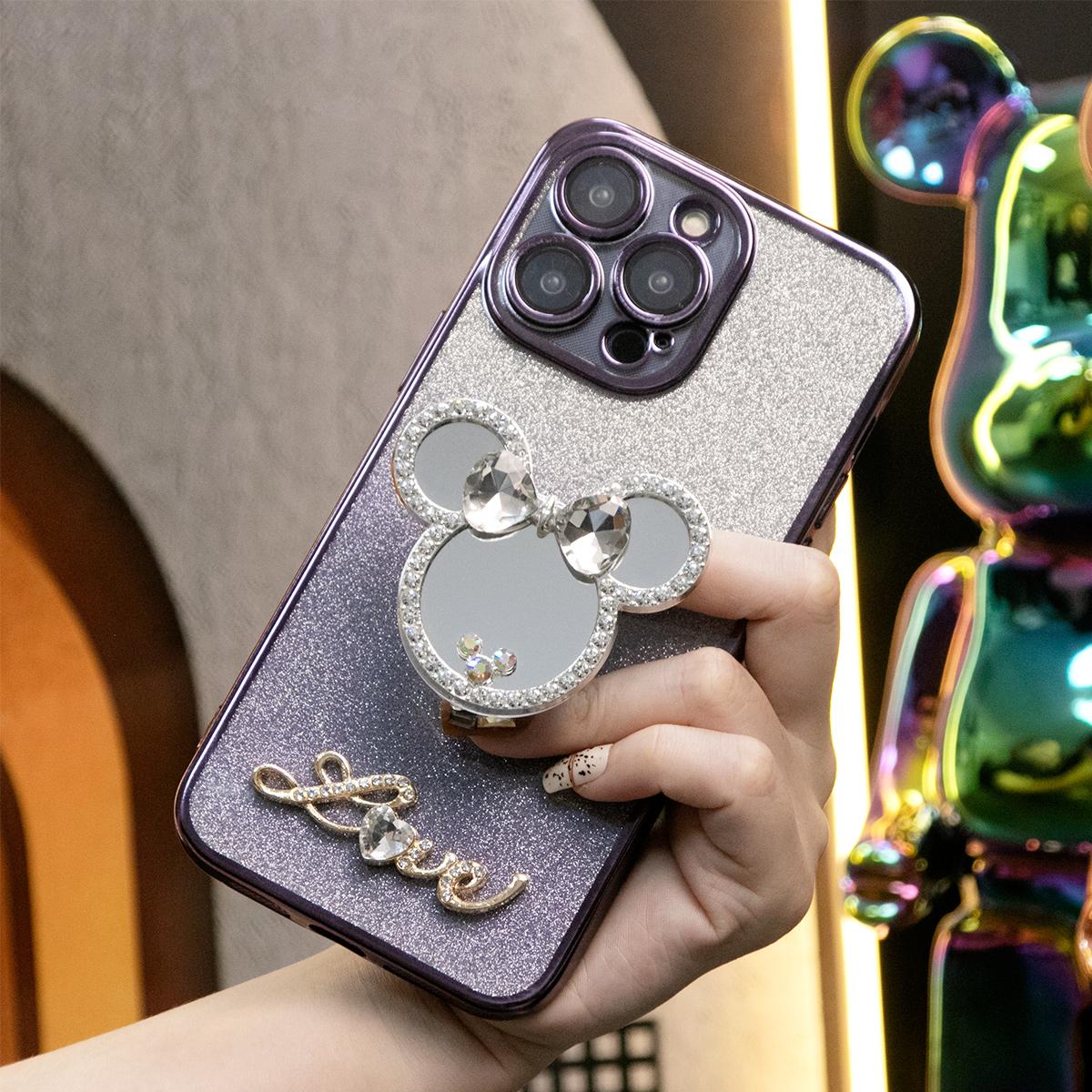 Glitter Pop Stand Transparent Gradient Mouse Head Mirror Kickstand Plating Phone Case For iPhone 16 15 14 13 12 11 XR XSMax X/XS Clear Soft TPU Back Cover