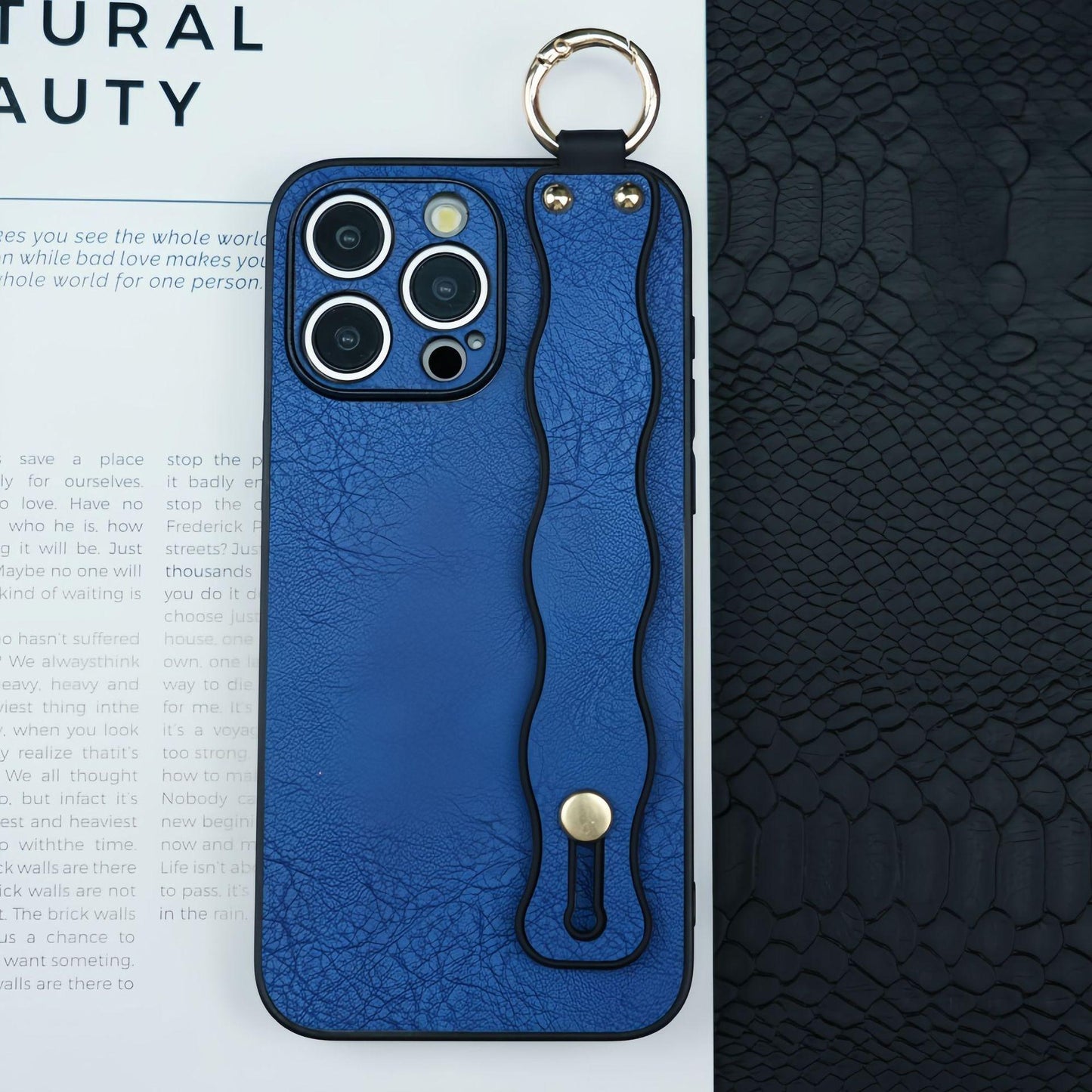 For iPhone 16ProMax 16 15 14 13 12 Case With Wave Wristband, Luxury Durable Faux Leather Kickstand Shockproof Phone Case