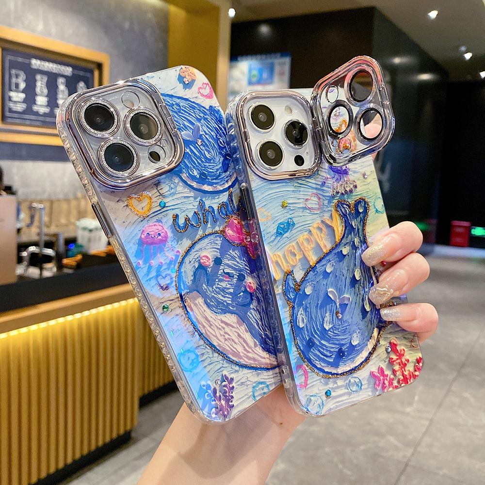 For iPhone 16ProMax 16 15 14 13 12 11 Phone Case with Diamond Camera Kickstand, Dolphin Whale Panda Elephant Snake Animal, Oil Painting Camera Frame Anti-drop Hard Shockproof Full Cover