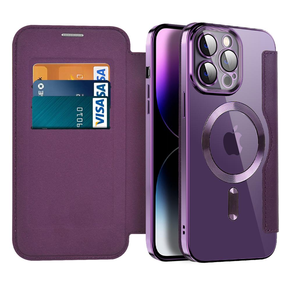 Wireless Charge Case for iPhone 16 15 14 13 Pro Max Magnetic Shockproof Flip Leather Shell Card Slot Hard PC Back Cover