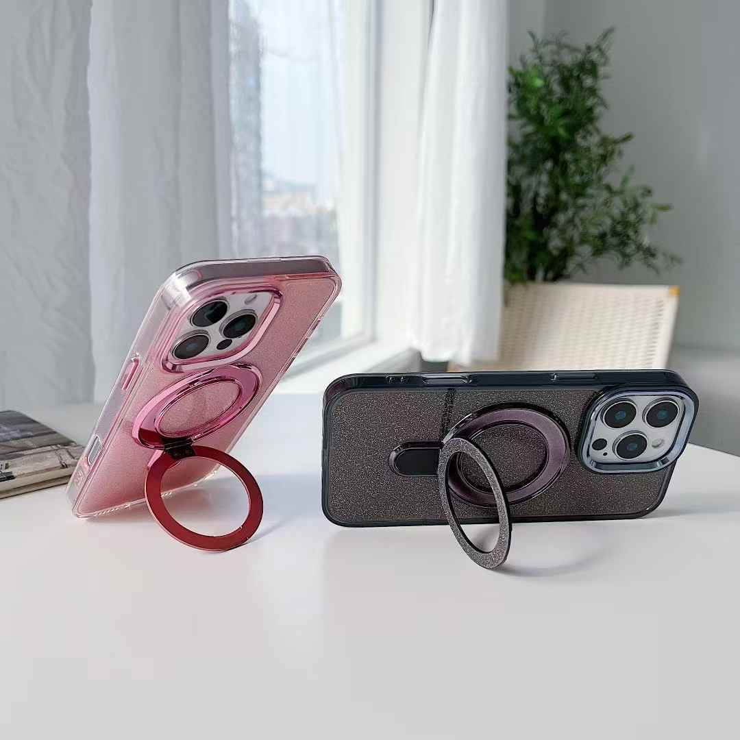 Glitter Strong Magnetic Kickstand For Magsafe Phone Case For iPhone 16 15 14 13 12 11 Pro Max Plus Metal Frame Acrylic Shockproof Hard Cover