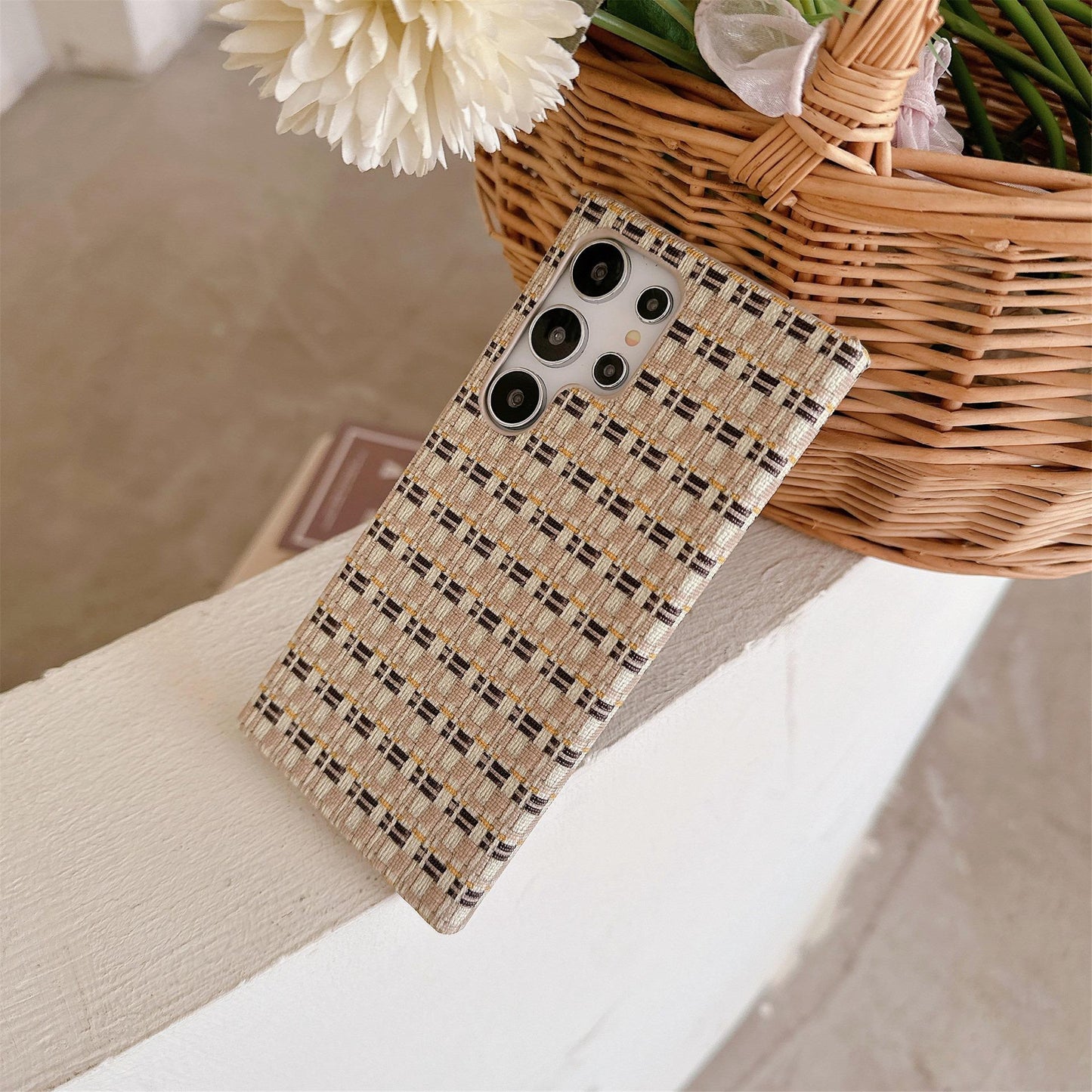 For Samsung S25Ultra S24 S23 S22 Phone Case, Simple Gradient Grid Mosaic Woven Pattern Fabrics Shockproof Hard Full Cover